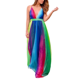 Sexy rainbow mesh maxi dress with deep V-neck and high-waist summer straps design
