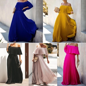 Off-shoulder pleated chiffon maxi dress shown in royal blue, mustard, black and pink