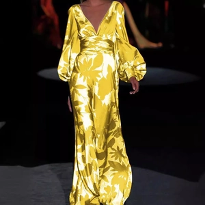Chic vibrant yellow V-neck maxi dress with white floral prints and lantern sleeves