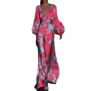 Women's floral V-neck maxi dress with long lantern sleeves and cinched waist in light blue