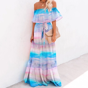 Bohemian off-shoulder maxi dress with watercolor print and tiered ruffled skirt