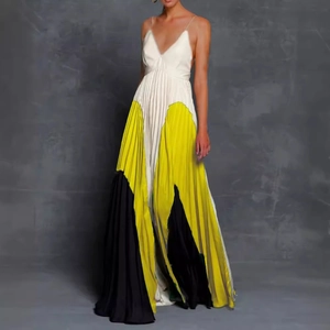 Women's V-neck pleated maxi dress with yellow, white and black color block pattern