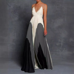 Sleeveless V-neck maxi pleated dress with white, grey, and black color block design