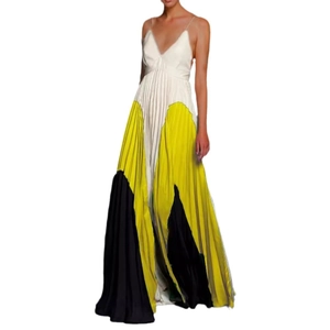 Women's pleated V-neck maxi dress with spaghetti straps and tricolor block pattern