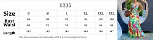 Size chart table for sleeveless floral maxi dress with tropical print and tiered skirt