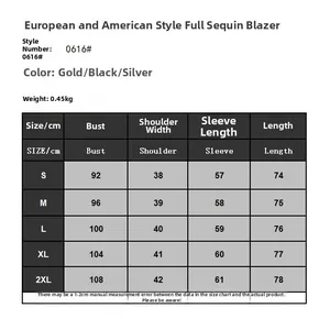 Guía detallada de tallas para chaqueta blazer de lentejuelas para mujer de la S a la 2XL