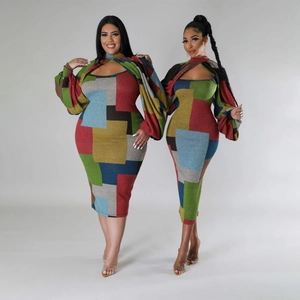 Women's Fashion Geometric Color Block Dress Set Long Sleeve Lantern Sleeve Bolero Shrug And Slim Fit Midi Dress Plus Size Outfit