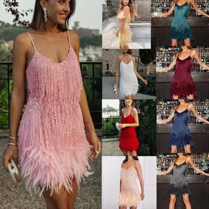 Elegant sequin fringe dress with feather hem, showing multiple colors for party style