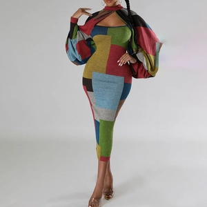 Fashionable patchwork geometric print long sleeve dress set with puff sleeve cardigan