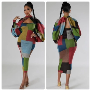 Women's chic color-block midi dress with puff sleeve cropped top and bodycon silhouette