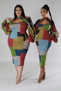 Detail of color block geometric maxi dress showing inclusive fit on different body types