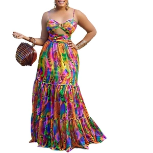 Bohemian floral maxi dress with colorful feather print, spaghetti straps and hollow design