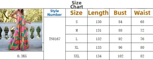 Detailed size chart for French V-neck printed maxi dress showing S to XXL measurements