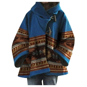 Manteau poncho bleu à capuche avec imprimé ethnique et boutons brandebourg vintage