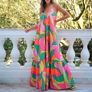 French style V-neck backless maxi dress with colorful geometric prints for summer vacation