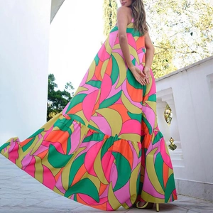 French style deep V-neck backless maxi dress with vibrant abstract wavy print