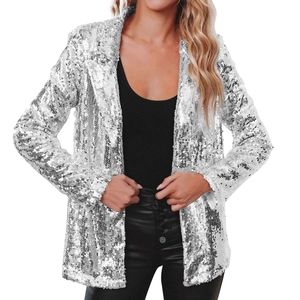 Sparkly silver sequin long sleeve blazer jacket for women in festive party style