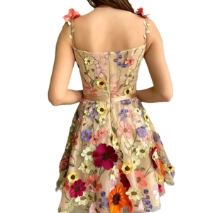 Robe mini champagne avec broderie florale 3D et fermeture éclair au dos