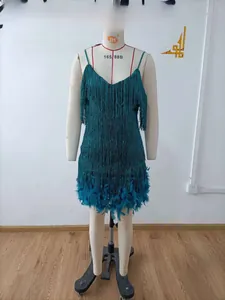Detailed view of teal fringe dress with shimmering sequins and plush feather hem trim