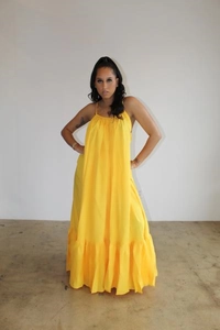 Detail of a bright yellow summer sundress featuring a wide ruffled hem and A-line silhouette