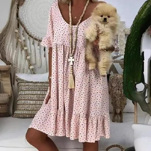Vestido Midi Bohemio de Lunares para Mujer Cuello en V Manga Corta Dobladillo con Volantes Poliéster Estampado Vestido Casual