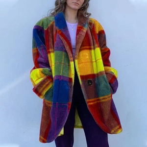 Colorful plaid plush coat for women featuring a long lapel design and multi-color patchwork