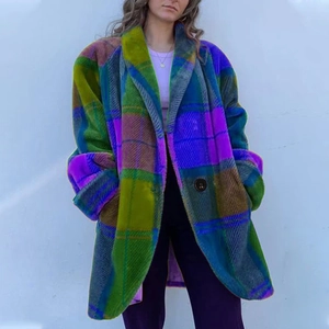Oversized long plaid coat in purple and green patchwork with lapel collar for women