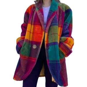 Women's colorful plaid long coat with lapel collar and bold oversized color block design