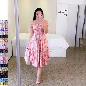 Elegant off-shoulder floral midi dress with a cinched waist and pink digital print