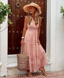 Pink sleeveless V-neck maxi dress featuring lace patchwork and gold polka dot details
