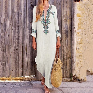 Bohemian white V-neck long dress with ethnic embroidery and breathable fabric for summer