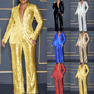 Women Luxurious Sequin Blazer and Pants Set V Neck Long Sleeve Suit Two Piece Sparkly Party Evening Outfits Outfit Sets