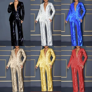Women's V-neck sequin blazer and high-waist pants two-piece set in six shiny colors