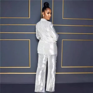 Sparkling white sequined blazer and matching straight-leg trousers suit for women
