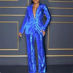Deep blue sequin two-piece suit set featuring long sleeve blazer and straight trousers