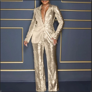 Front view of a luxury gold sequin two-piece suit with a blazer and wide-leg trousers