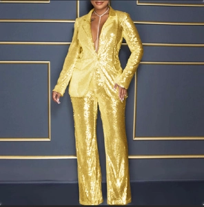 Sparkling gold sequin two-piece suit with blazer and wide-leg trousers for parties