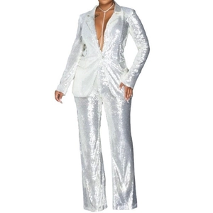 Women's sparkling silver sequin two-piece suit with V-neck blazer and trousers for parties