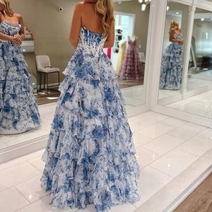 Elegant strapless floral tiered maxi dress with blue and white Toile de Jouy print pattern