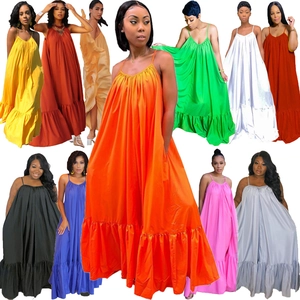Women Plus Size Spaghetti Strap Maxi Dress Solid Color Loose Fit Tiered Ruffle Hem Sleeveless Big Swing Summer Sundress