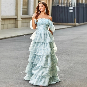 Vrouwen Zoet Pastoraal Bloemenprint Maxi Jurk Off Shoulder Pofmouwen Gelaagde Ruches Cake Rok Slanke Pasvorm Lichtblauw Zomer Lange Jurk