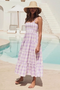 Women's summer purple gingham tiered dress with smocked bodice for beach vacations