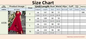 Detailed size chart for elegant V-neck evening gown showing bust and length measurements