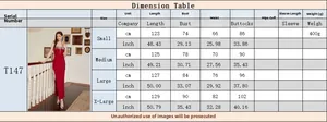 Size guide for the red strapless slit evening dress with length and bust measurements