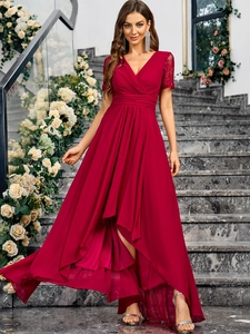 Women's V Neck Elegant Lace Short Sleeve High-Low Evening Dress Pleated High Waist Chiffon Banquet Party Gown