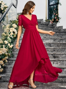 Elegant wine red V-neck evening gown with lace short sleeves and high-low hem design
