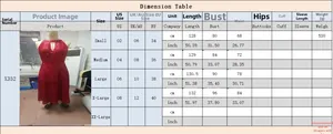 Size chart for sleeveless sequin evening dress with detailed measurements and dimensions