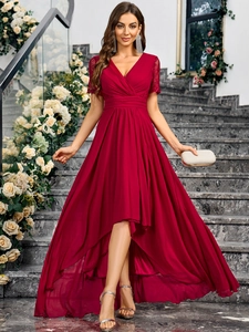 Elegant wine red V-neck evening dress with lace sleeves and high-low hem for formal banquets