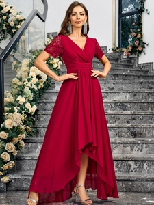 Elegant wine red V-neck evening gown with lace sleeves and asymmetrical hemline