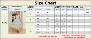 Detailed size chart for sleeveless polka dot dress showing length, bust, and waist in cm